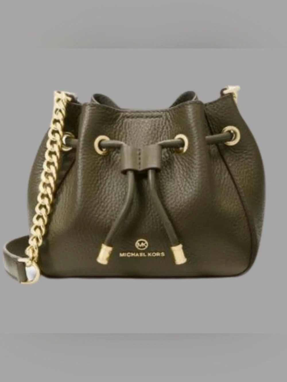 Michael Kors Phoebe Olive Green Leather Drawstring Crossbody with Gold Accents